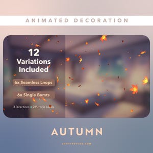 May include: An animated decoration graphic with falling autumn leaves. The image includes the text "ANIMATED DECORATION", "12 Variations Included", and "AUTUMN". It offers 6 seamless loops, 6 single bursts, and 3 directions with 2 particle levels.