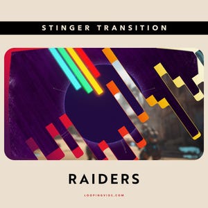 May include: A digital graphic with the text "STINGER TRANSITION" at the top and "RAIDERS" at the bottom. The design features a dark purple background with colorful geometric shapes and lines, including blue, green, yellow, orange, and white.