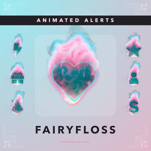 Peut inclure: Alertes animées dans un design de barbe à papa rose et bleu. Les alertes comprennent un éclair, un coffret cadeau, un diamant, une étoile, une personne et un dollar.