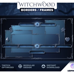 May include: A digital graphic with the text "Witchwood Borders / Frames." The design features a dark blue background with layered rectangular frames in varying sizes. Decorative silver accents and icons, including a star and heart, are included.