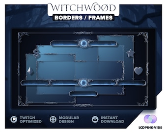 May include: A digital graphic with the text "Witchwood Borders / Frames." The design features a dark blue background with layered rectangular frames in varying sizes. Decorative silver accents and icons, including a star and heart, are included.
