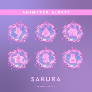 Puede incluir: Alertas animadas con temática Sakura. La imagen presenta seis iconos circulares con símbolos como un rayo, diamante, regalo, estrella, símbolo de dólar y persona. Cada icono está rodeado por una corona floral sobre un fondo degradado púrpura.