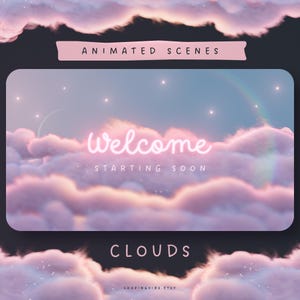 Peut inclure: Scène animée avec des nuages roses et une enseigne au néon qui dit "welcome starting soon". L'arrière-plan est un ciel bleu clair avec des étoiles et un arc-en-ciel.
