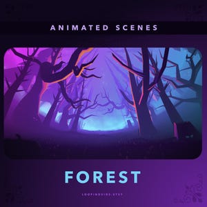May include: Animated scene of a purple and blue forest with glowing light. The text "FOREST" is at the bottom of the image.