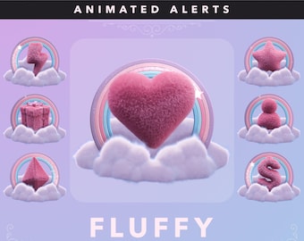 May include: Animated alerts for streaming, featuring fluffy pink heart, star, gift box, pyramid, person, and letter S icons on a cloud background. The text "FLUFFY" and "LOOPINGVIDS.ETSY" are displayed below the icons.
