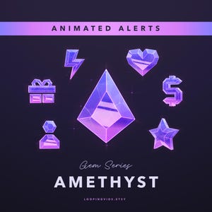 以下が含まれることがあります： 紫とピンクのアメジストの宝石スタイルのアニメーションアラート。アラートには、ギフトボックス、稲妻、ハート、ドル記号、星、人物が含まれています。画像の下部に「Gem Series AMETHYST LOOPINGVIDS.ETSY」というテキストがあります。