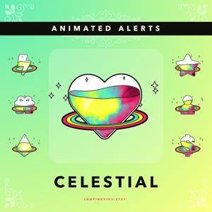 Alertas animadas: Celestial Retro Pop: transmisión en Twitch, suscripción, seguimiento, aplausos, obsequios, incursiones, presentación y donación con sonido de alerta adicional