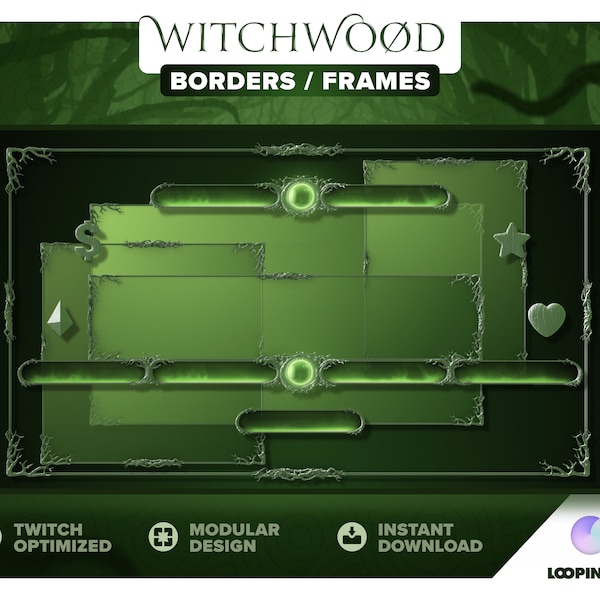 Stream Border Frames and Webcam: Witchwood - Green Envy | Assets for Twitch Streaming. Spooky, Dark, Creepy Forest. Customizable.