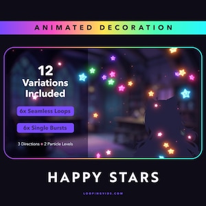 Op de afbeelding: Geanimeerde decoratie-afbeelding met de tekst "ANIMATED DECORATION" bovenaan. De afbeelding toont kleurrijke steranimaties met de tekst "HAPPY STARS" onderaan. De afbeelding bevat "12 Variations Included" met "6x Seamless Loops" en "6x Single Bursts".