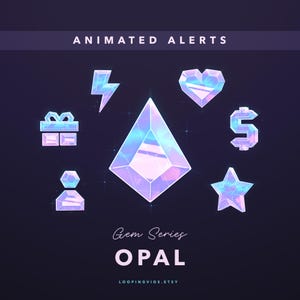 May include: Animated alerts in a gem series with an opal theme. The alerts include a lightning bolt, heart, gift box, dollar sign, star, and a person icon. The text "Gem Series OPAL" is at the bottom of the image.