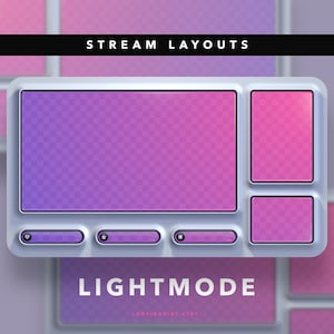 May include: A light mode stream layout template with a purple and pink gradient background. The layout includes a large main video area, three smaller areas for other content, and a bottom bar with three buttons.