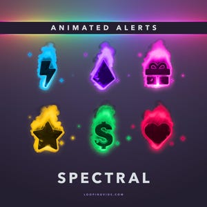 May include: Graphic of animated alerts featuring six icons: lightning bolt, diamond, gift, star, dollar sign, and heart, each with colourful flames. The word "SPECTRAL" is at the bottom, with "ANIMATED ALERTS" at the top.