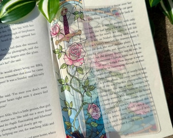 Transparent Stained Glass Window Style Pink Rose Sword Bookmark