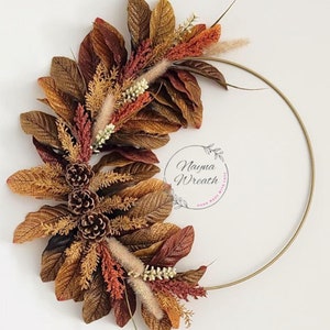 Fall Wreath, Gold Hoop Wreath, Faux Leaves Wreath, House Warming Gift, Autumn Gift