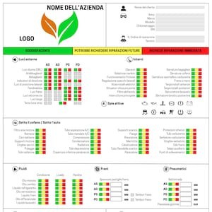 May include: A detailed Italian car inspection form with sections for lights, engine, fluids, brakes, and tires. The form uses a color-coded system to indicate the condition of various components.