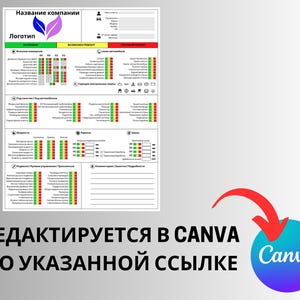 May include: A white document with a green, red, and yellow color-coded chart, with the text "Название компании" at the top. The document includes a logo and the text "РЕДАКТИРУЕТСЯ В CANVA ПО УКАЗАННОЙ ССЫЛКЕ" with a Canva logo.