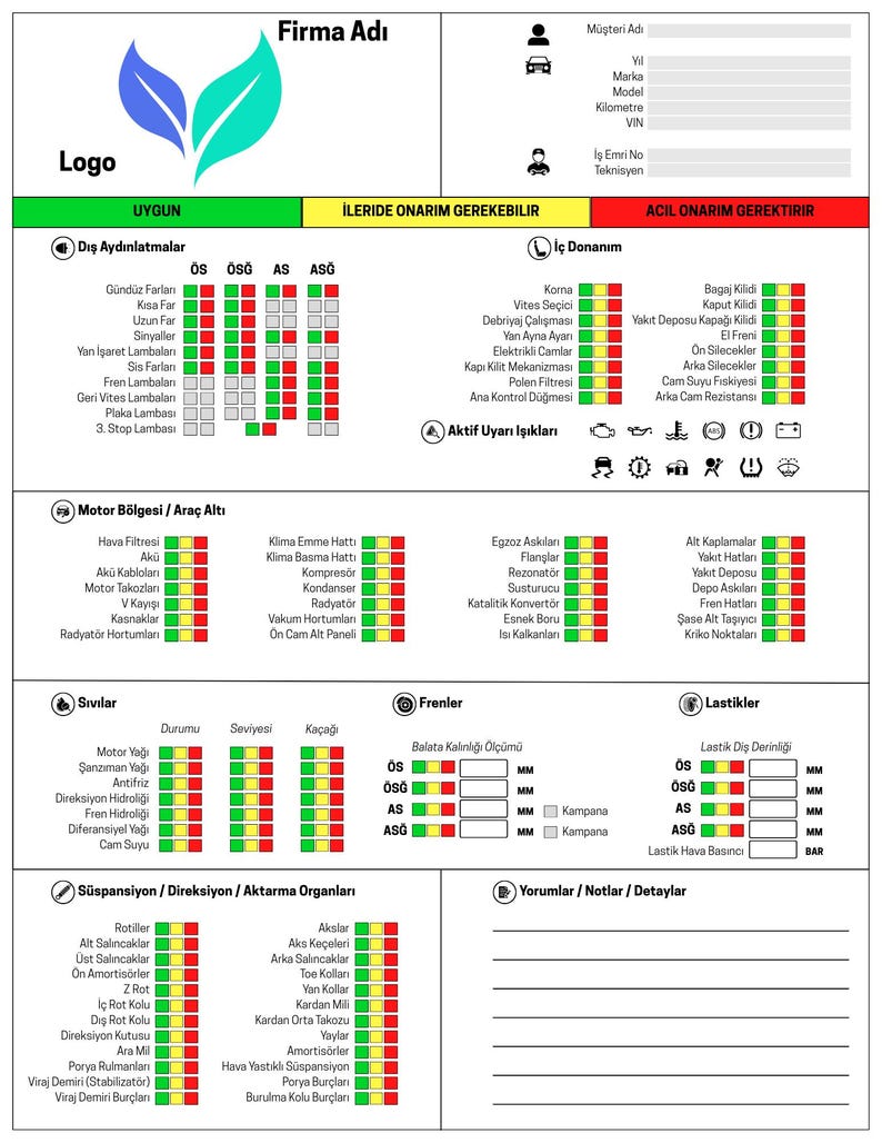 May include: A detailed automotive inspection report with a green, yellow, and red color-coded system. The report includes sections for exterior lights, engine components, fluids, brakes, and suspension.