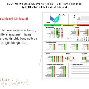 May include: A detailed vehicle inspection form with a green and red color-coded checklist. The form includes sections for various vehicle components and a space for a company logo. Text on the form includes "100+ Point Vehicle Inspection Form" and "Instant Download."