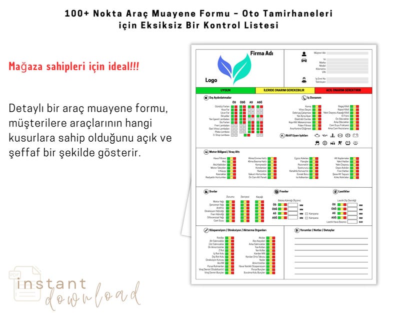 May include: A detailed vehicle inspection form with a green and red color-coded checklist. The form includes sections for various vehicle components and a space for a company logo. Text on the form includes "100+ Point Vehicle Inspection Form" and "Instant Download."