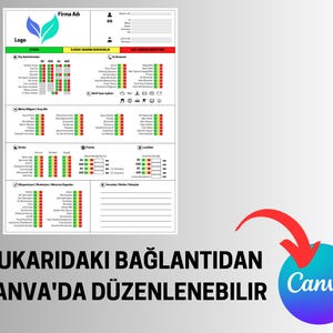 May include: A white document with a green and blue logo, and several sections with red, green, and yellow bars. The text "YUKARIDAKI BAĞLANTIDAN CANVA'DA D&Uuml;ZENLENEBILIR" is at the bottom, with a Canva logo.