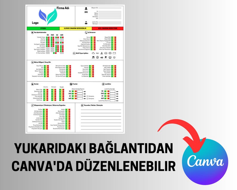 May include: A white document with a green and blue logo, and several sections with red, green, and yellow bars. The text "YUKARIDAKI BAĞLANTIDAN CANVA'DA D&Uuml;ZENLENEBILIR" is at the bottom, with a Canva logo.
