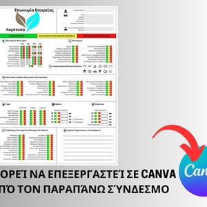 Pu&ograve; includere: Un documento bianco con testo greco e un logo verde e blu. Il documento include grafici con blocchi rossi e verdi, e il testo "CANVA" &egrave; visibile in un cerchio blu e viola con una freccia rossa.