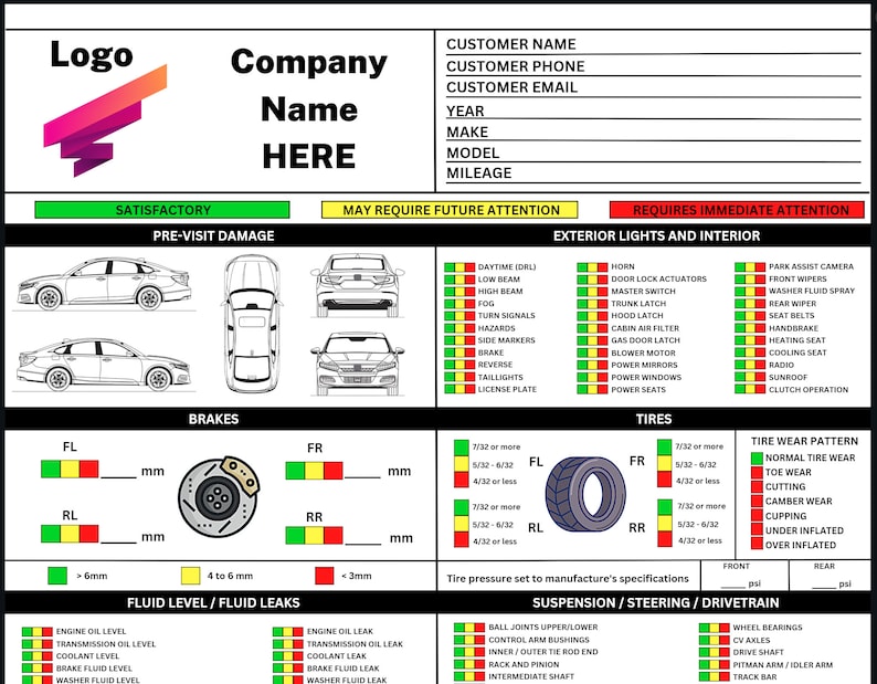 Professional 100 Points Vehicle Inspection Form, Inspection Sheet