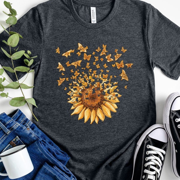 Chemise papillon tournesol, t-shirt papillon, chemise cadeau fête des mères, chemise tournesol, col en V floral, t-shirt cadeau fleurs, t-shirt botanique