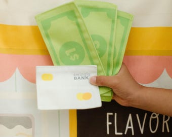 Juego de dinero de juguete y tarjeta de crédito de tela, accesorio para tienda de juegos de imaginación.