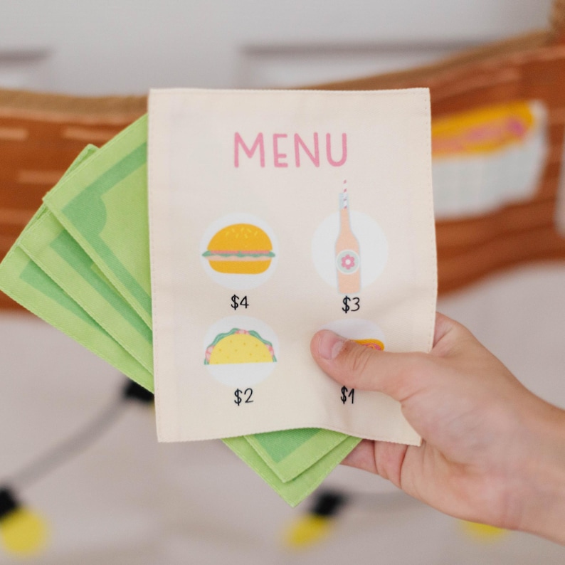 Tienda de juegos infantil con forma de camión de comida, juguete para juegos de imaginación, casita de juegos con cocina, tela lavable. imagen 7