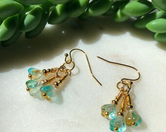 Aqua Czech Glass Bellflower Cluster Earrings Aqua Floral Jewelry Botanical Dangles