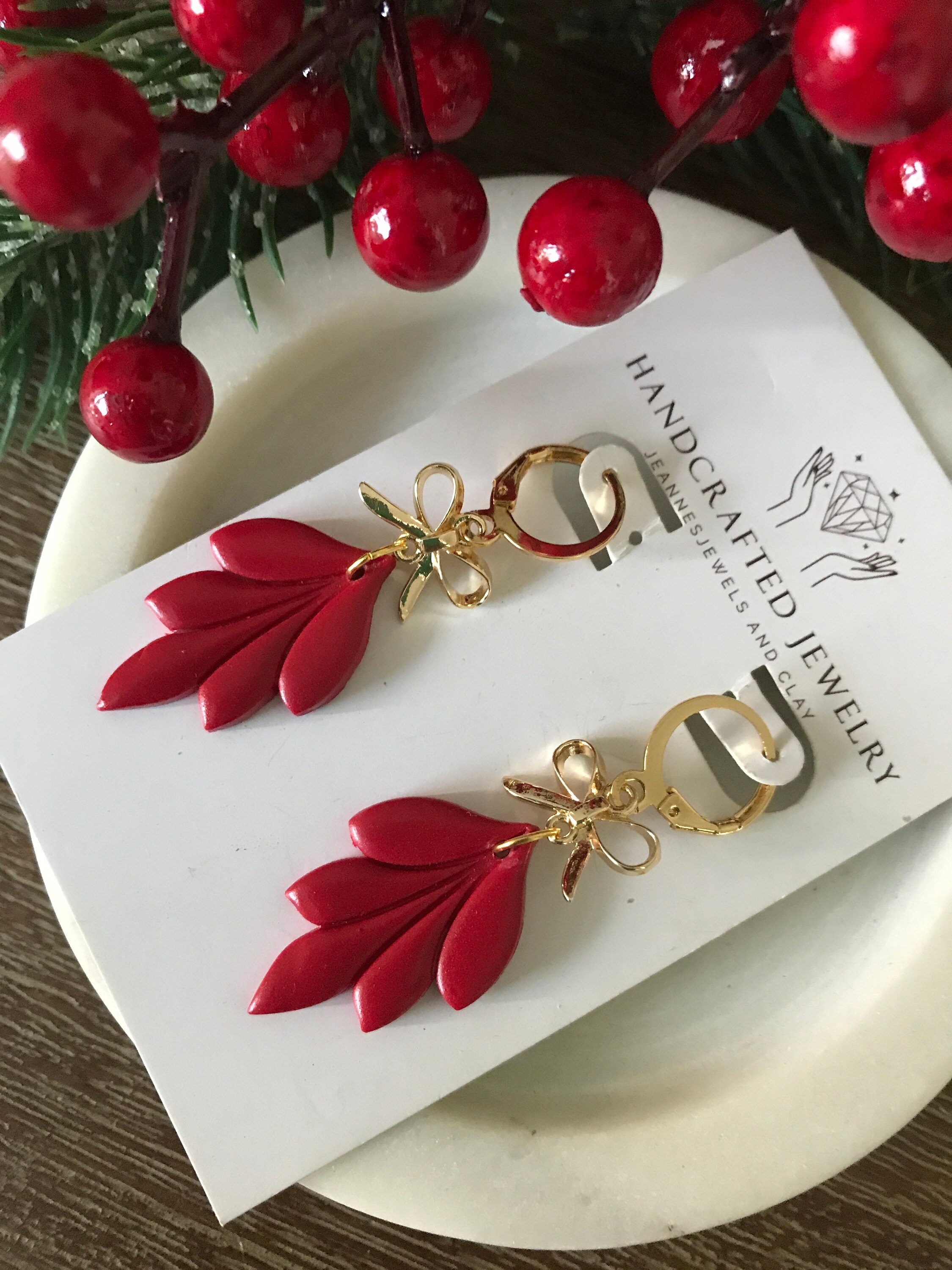 Dangle Leaf Earrings/red and Gold Statement Earrings/polymer Etsy