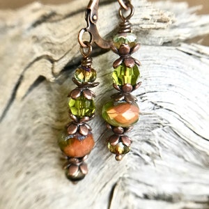 Unique Czech Glass Orange Bead Earrings with Dark Copper Caps, Handmade Gift for Her