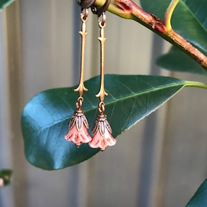 Pink Czech Glass Lily Drop Earrings with Antiqued Bronze Findings