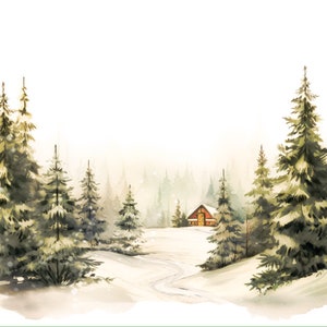 May include: A watercolor painting of a snowy forest scene with a small red cabin in the distance. The trees are covered in snow and the ground is white. The painting is done in a soft, muted palette.