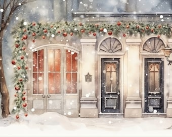 House with holiday decorations in the snow | Vintage Christmas Art | Digital Download
