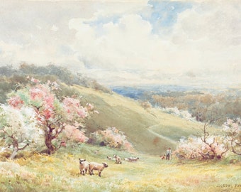 Spring Landscape with sheep | Vintage 19th Century Art | Digital Download
