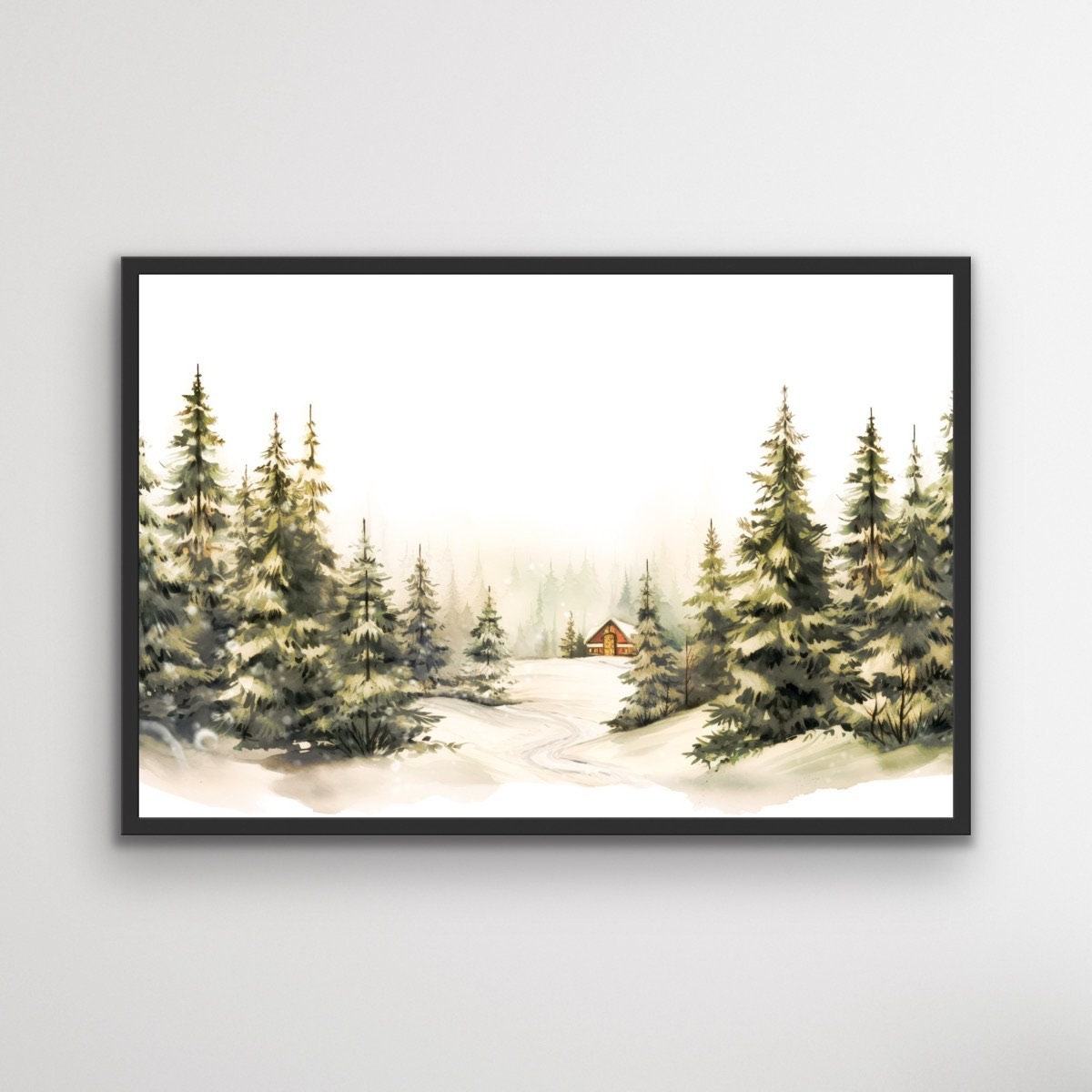 Cabin With Pine Trees in the Snow | Vintage Christmas Art | Digital ...
