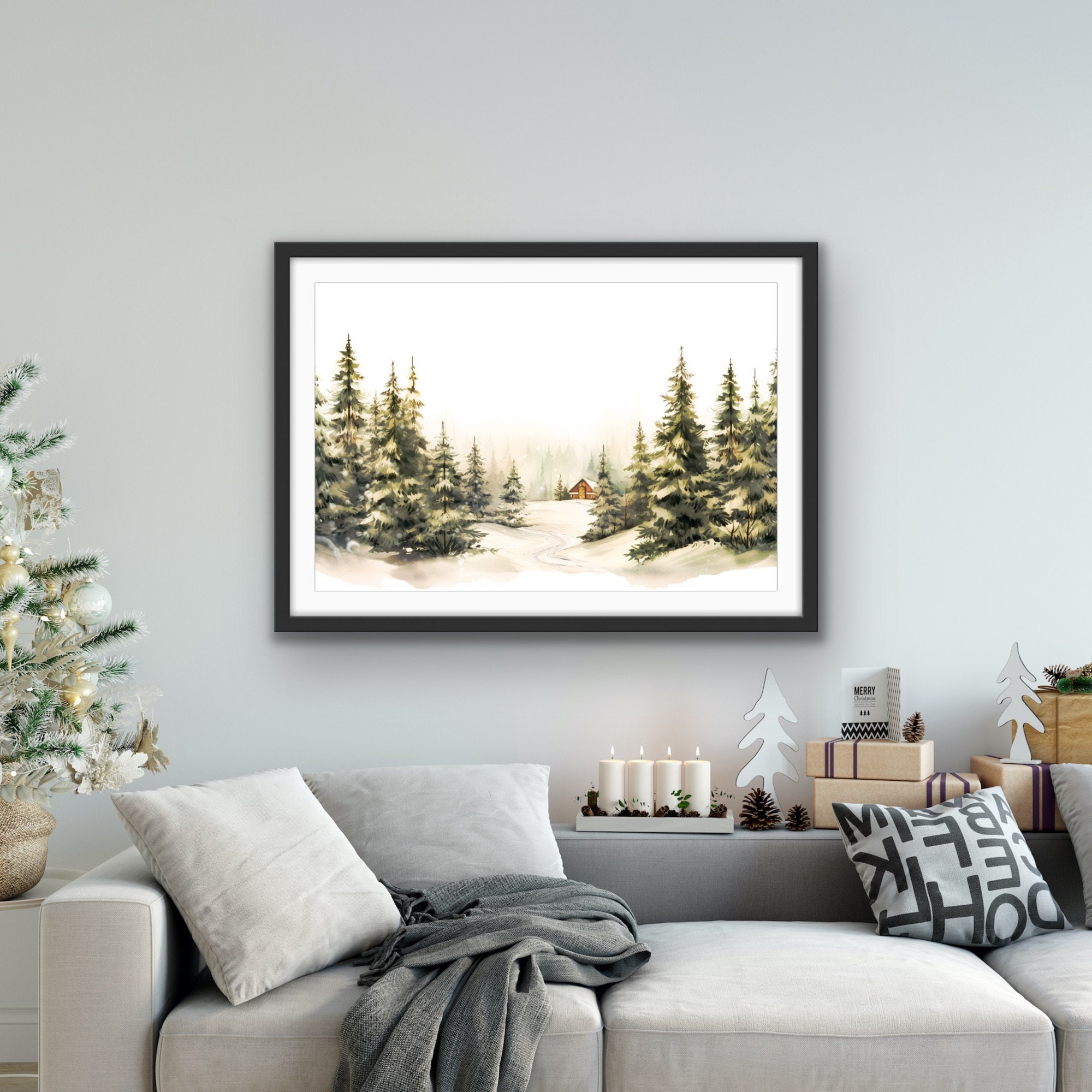 Cabin With Pine Trees in the Snow | Vintage Christmas Art | Digital ...