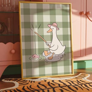 Whimsical Goose Art Print: Green Gingham Nursery Decor (Digital Download)