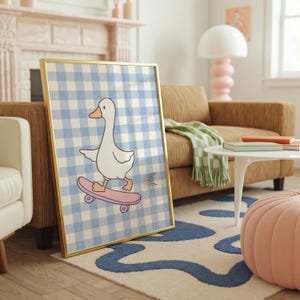 Blue Gingham Goose Nursery Print: Skateboard Duck Art (Digital Download