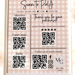 Plantilla de letrero de escaneo para pagar / Letrero de pago con código QR / Exhibidor para pequeñas empresas / Aplicación Venmo Cash Zelle / Letrero de reseñas / Plantilla editable de Canva