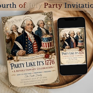 Grappige 4 juli-uitnodigingssjabloon, bewerkbare Canva Fourth of July-feestuitnodiging, 250e Independence Day-uitnodiging, Instant Download 5 x 7