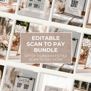 Könnte beinhalten: Eine Sammlung von sieben "Scan to Pay"-Schildern mit Vichy-Muster. Die Schilder werden in verschiedenen Rahmen und Haltern präsentiert, mit Blumenarrangements und dekorativen Elementen. Der Text "Editable Scan to Pay Bundle" ist sichtbar.