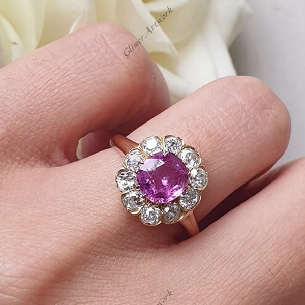 Antique Vintage 4Ct Cushion Pink Sapphire & Diamond Wedding Christmas Gift Cluster Ring Women's 14K Yellow  Gold Finish 925 Sterling Silver