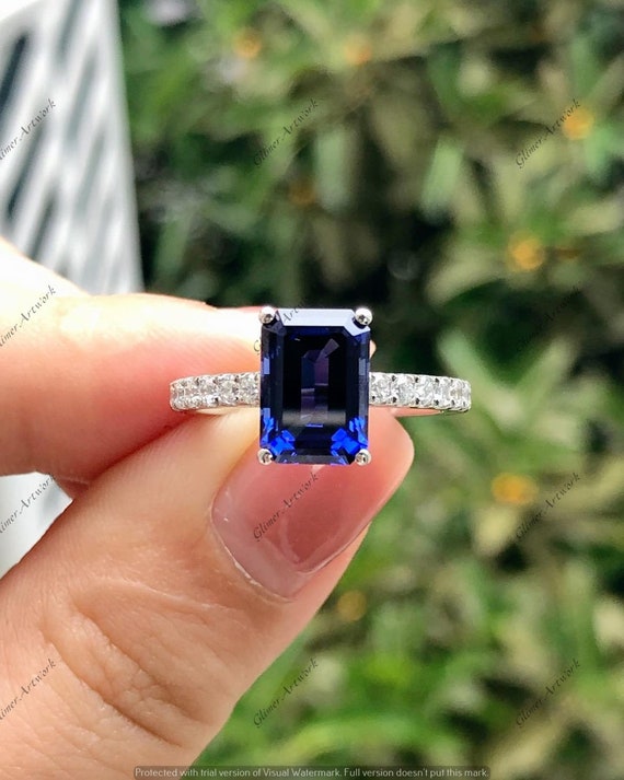 2ct Emerald Cut Blue Sapphire White Diamond Engagement Band Ring