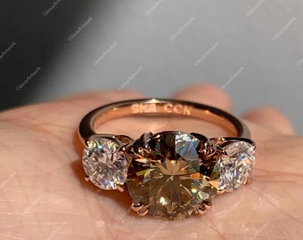 Round Cut Chocolate Diamond  Ring, Vintage Ring, Three Stone Ring , Wedding Ring, Engagement Ring, 14K Yellow Gold Plated, Unisex Ring
