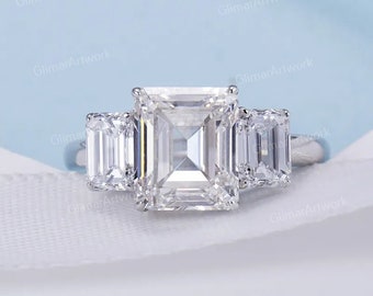 4Ct Emerald Cut White Diamond Engagement Three Stone Engagement Band Ring Women's 14K White Gold Finish 925 Sterling Silver