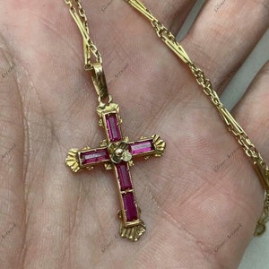 3CT Baguette Cut Ruby And Diamond Cross Pendant 14k Yellow Gold Plated Christmas Special Gift For Girls And Womans