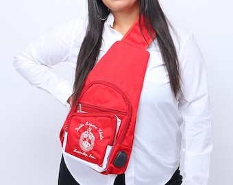Delta Sigma Theta Black&Red, 1 Shoulder Crossbody Sling/Shoulder bag with USB Port,Embroidered Organizational Shield in Front,Made in India.